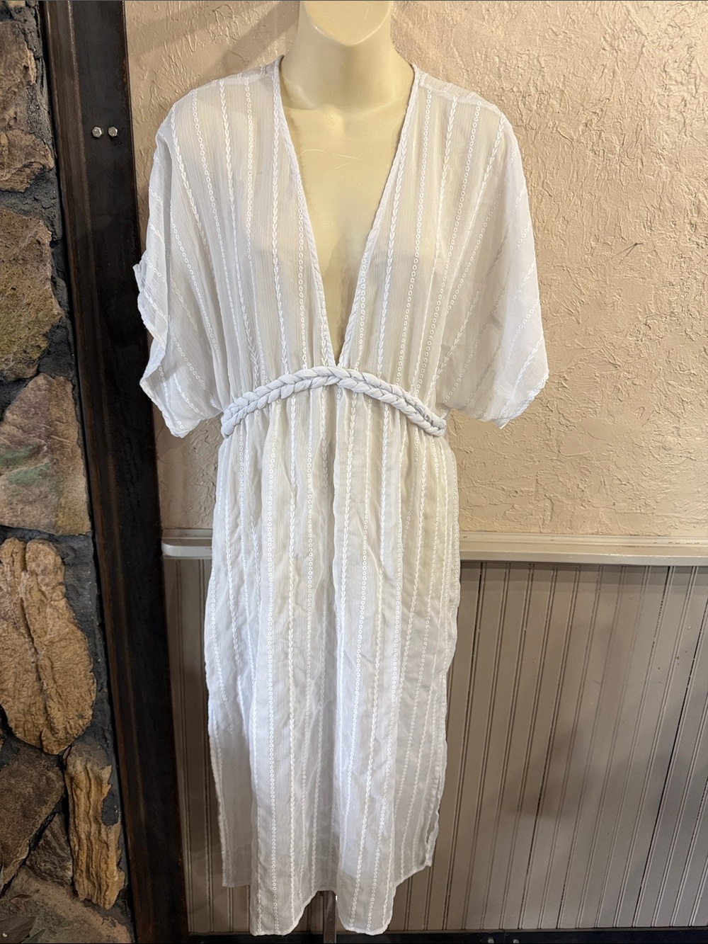 Time and Tru White Lace-Stripe Sheer Cover-Up